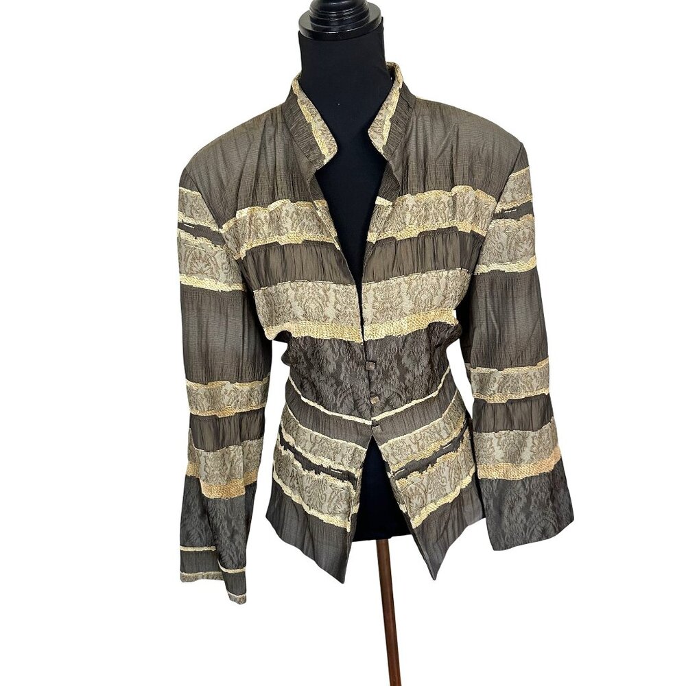 Vtg Womens Striped Top XL Button Up Blouse Gold Lace Accents 90s Mandarin